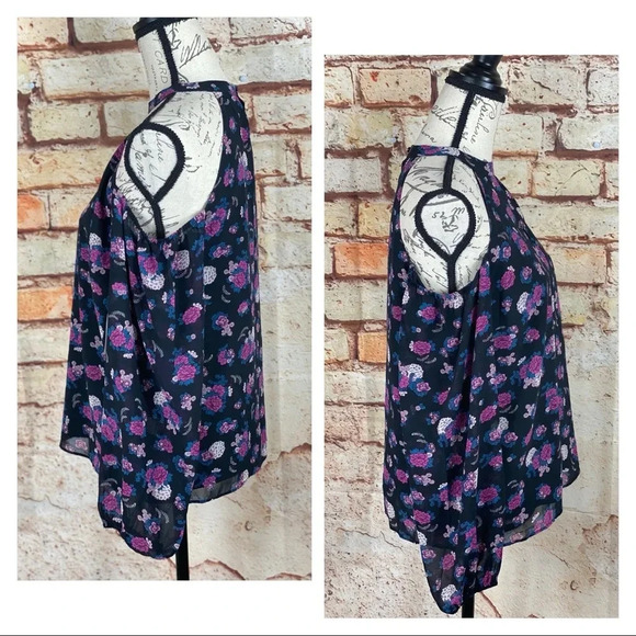 BAR III NWT Black Floral Print Cold Shoulder Top - Picture 5 of 12